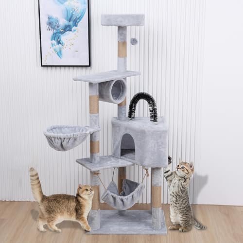 Cat Tree Tower for Indoor Cats Cat Tower Cat Tree for Indoor Cats Large Adult Cat Hammock Cat Furniture Tall Cat Tower with Small House, Scratching Post, Hanging Ball, and Habitat Grey