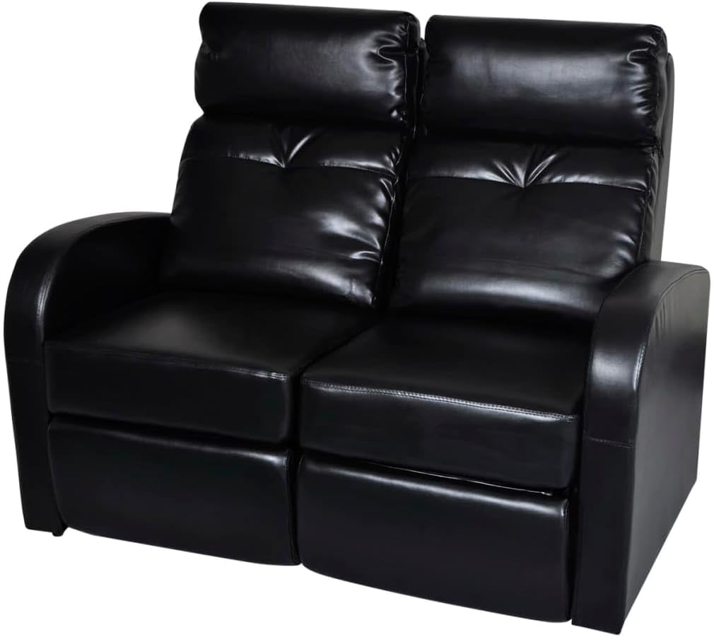 vidaXL 2-Seater Sofa – Modern Reclining Armchair with Wide Seats, Black Faux Leather Upholstery, for Living Room, Cinema Rooms, and Offices