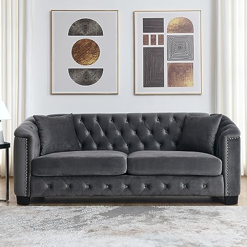 Modern Chesterfield Velvet Sofa, 2-Seater Sofa with Upholstered Tufted Backrests with Nail-head Arms and 2 Cushions for Living Room, Bedroom, Apartment, Office, Black