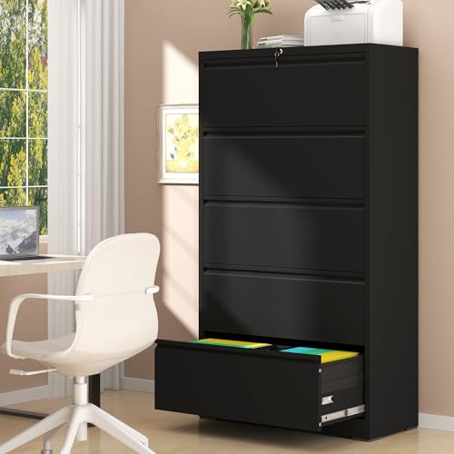 5 Drawer Lateral File Cabinet, Metal Filing Cabinet with Lock, Steel Wide File Cabinets for Home Office/Legal/Letter/A4/F4 Size Hanging Files, Assembly Required(Black)