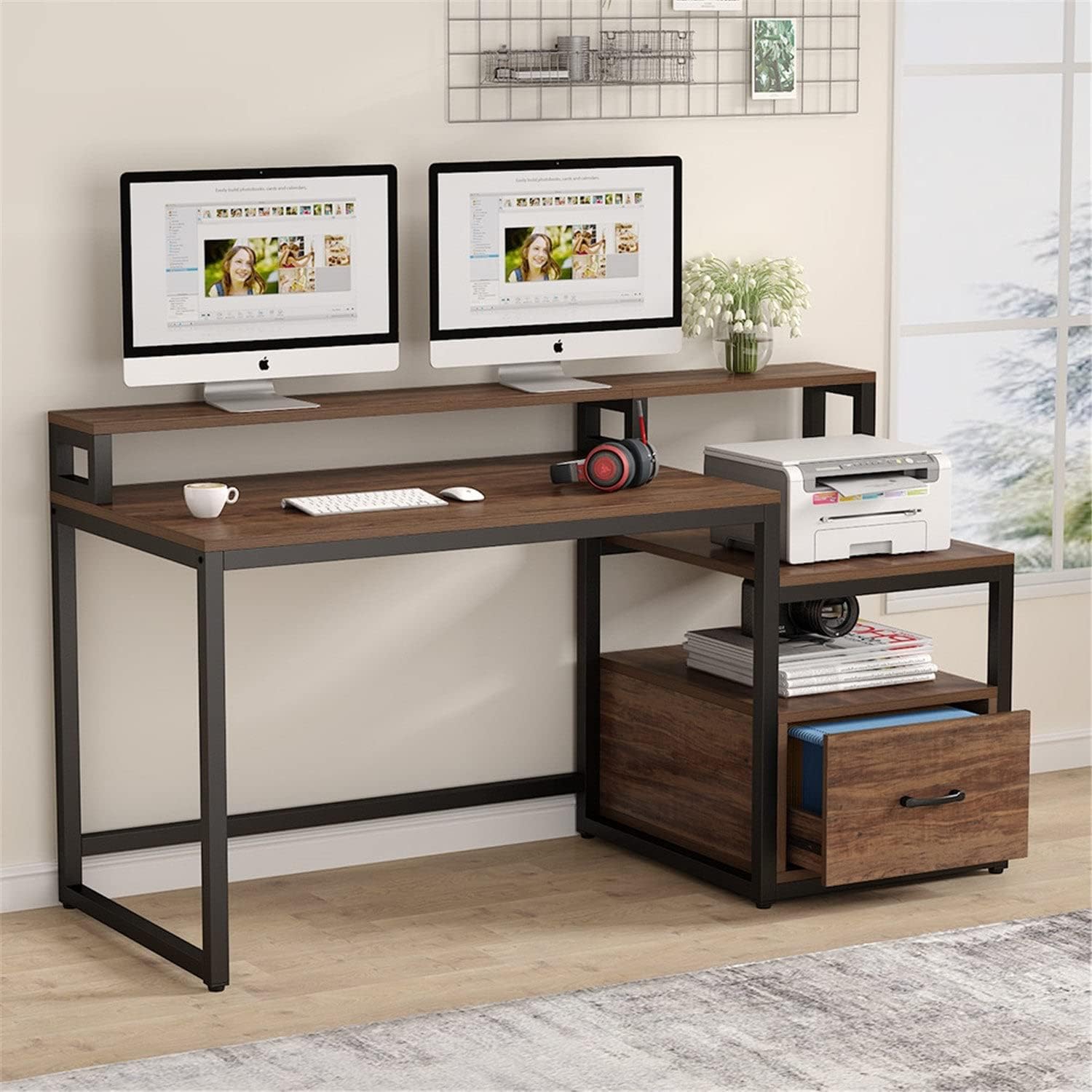 Overstock Computer Desk with File Drawer and Storage Shelves, Industrial Home Office Desk with Hutch Black