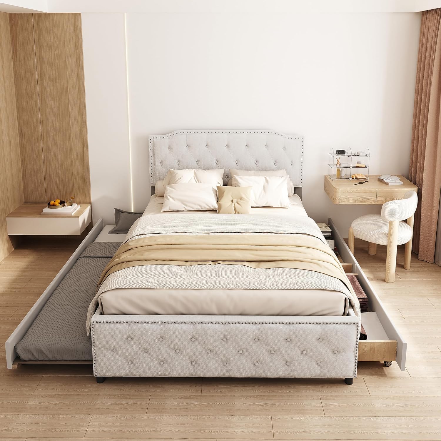 Upholstered Full Size Platform Bed with Trundle & 2 Storage Drawers,Solid Wood Bedframe w/Headboard/Wood Slat Support, Easy to Assemble, No Box Spring Needed, Beige