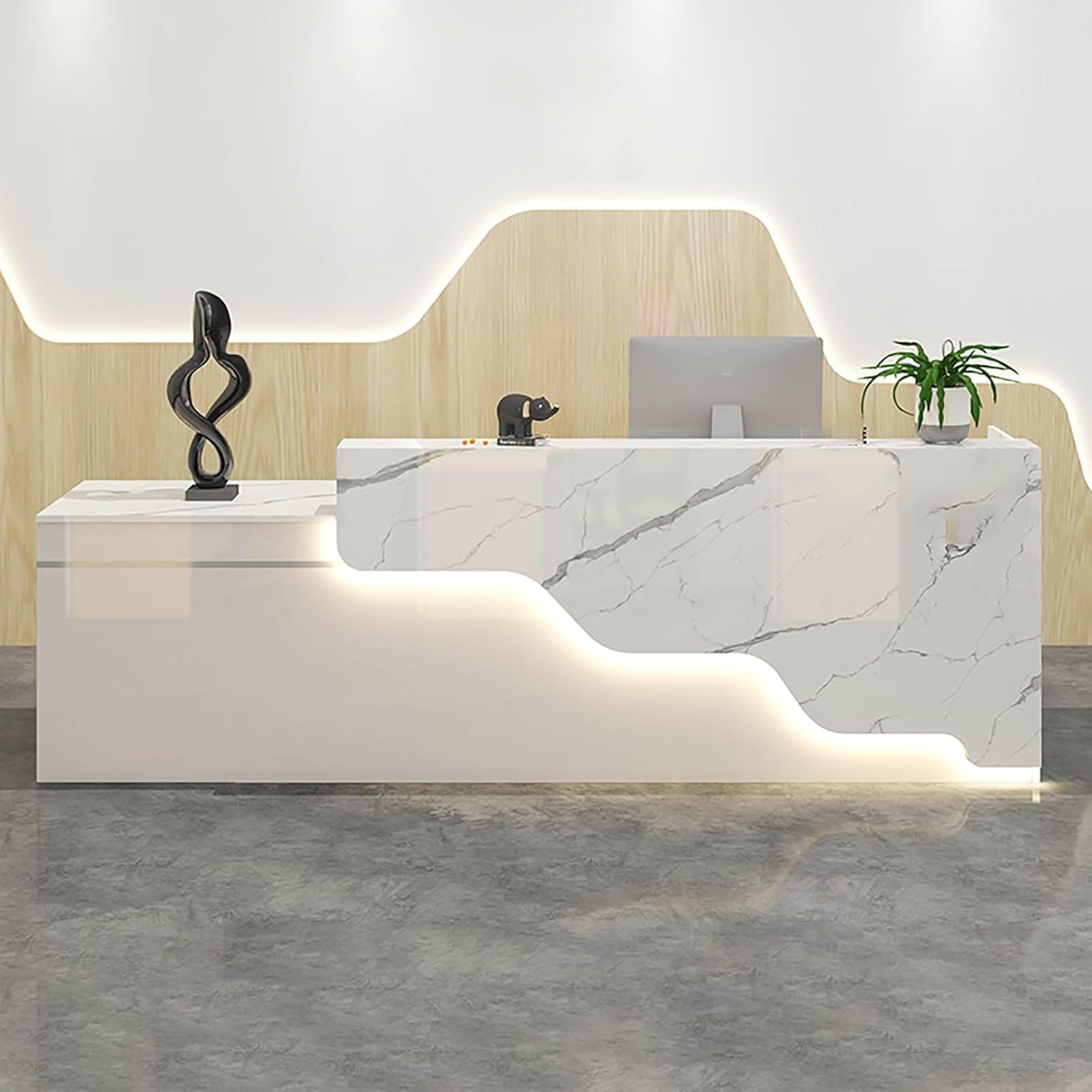 Reception desk for beauty salon with LED lights， Front desk reception counter with counter，Standing modern wooden reception desk， L-Shaped cashier front desk，Suitable for various settings(D-2,120x60x1