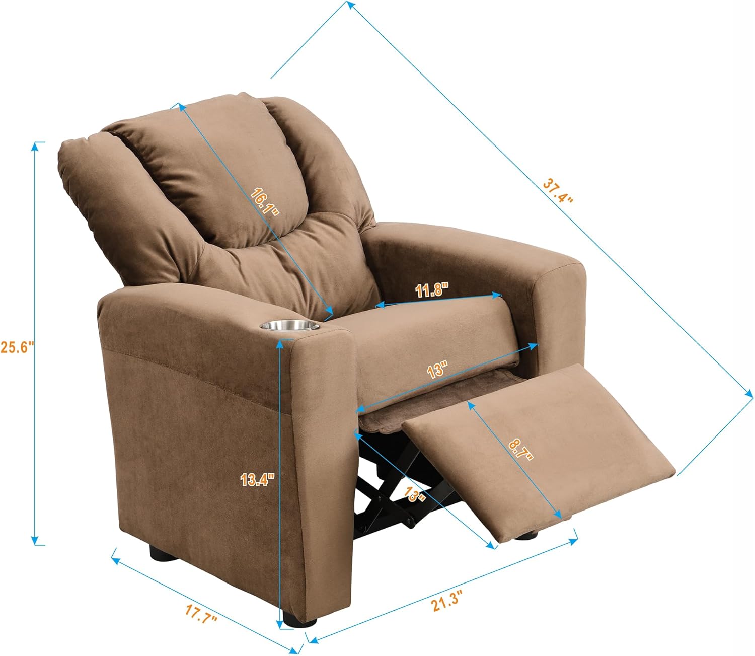 Kids Recliner Chair, Kids Upholstered Couch with One Cup Holder, Footrest, Backrest, Toddlers Velvet Recliner with Headrest and Footrest (Brown) W214101804