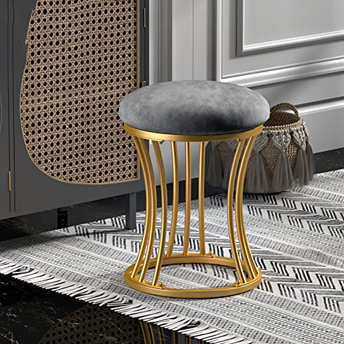 Round Footstool, Metal Legs Dressing Table Stool with Anti-Slip Foot Pads, Vanity Table Ottoman Pouffe for Living Room, Bedroom,Grey