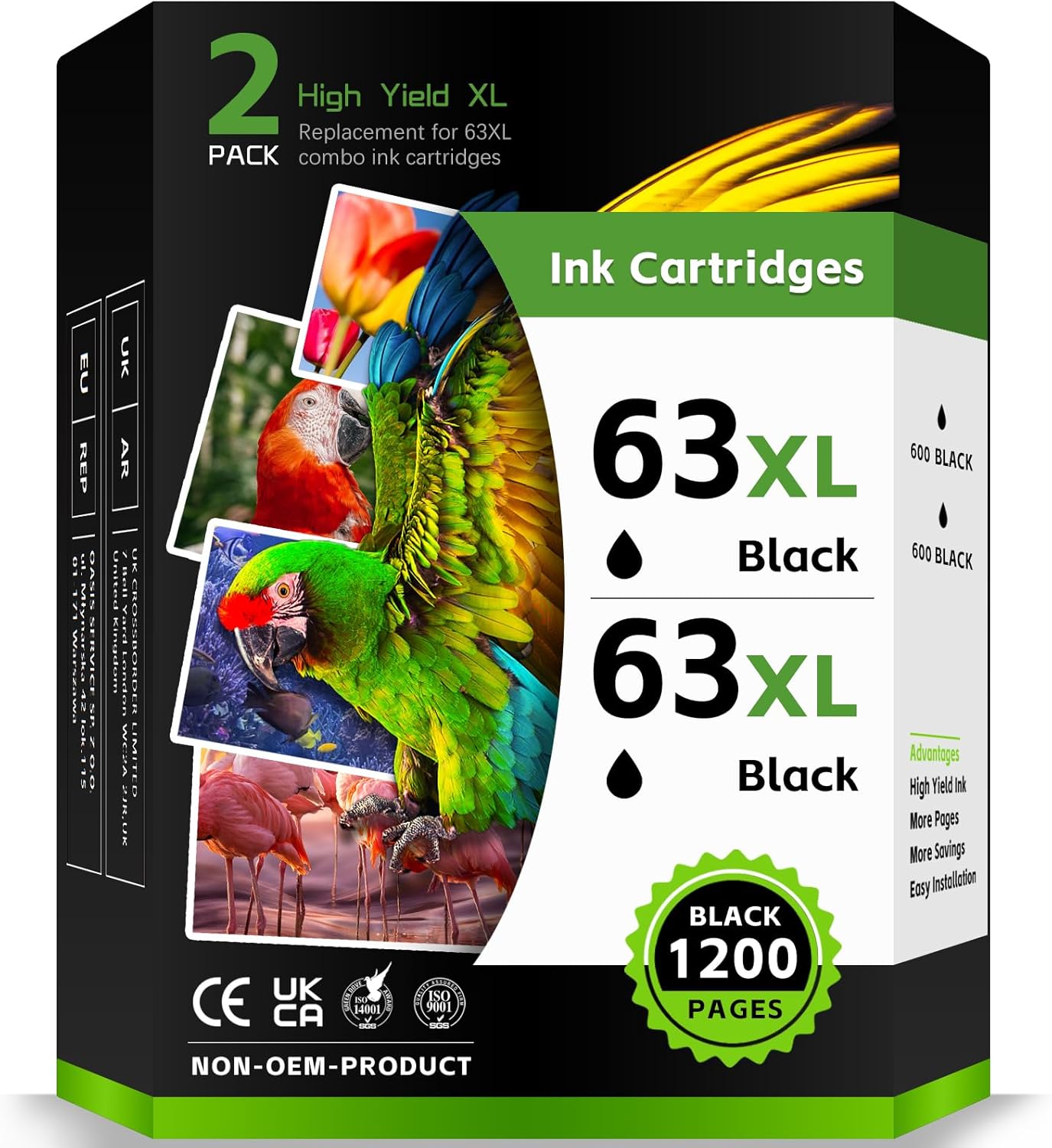 63XL Black Ink Cartridge Replacement for HP 63 63XL Ink Cartridges Combo Pack Fit for HP Envy 4520 4512 Officejet 3830 4650 5258 5255 4655 3833 Deskjet 1112 3631 Printer 63 63XL ink Cartridge 2 Black