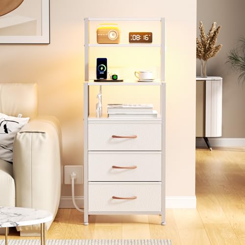 Furnulem Tall Nightstand with 4-Tier Shelves, Night Stand with 3 Fabric Drawers and Charging Station, Bedside Nightstand with Bookshelf, Bed Side Table for Bedroom, Home Office, Dorm (Black Oak)