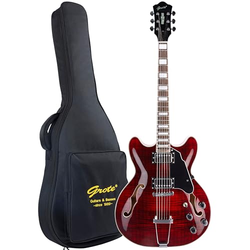 GROTE Jazz Electric Guitar Semi-Hollow Body Trapeze Tailpiece Bridge Guitar Gig Bag (Black)