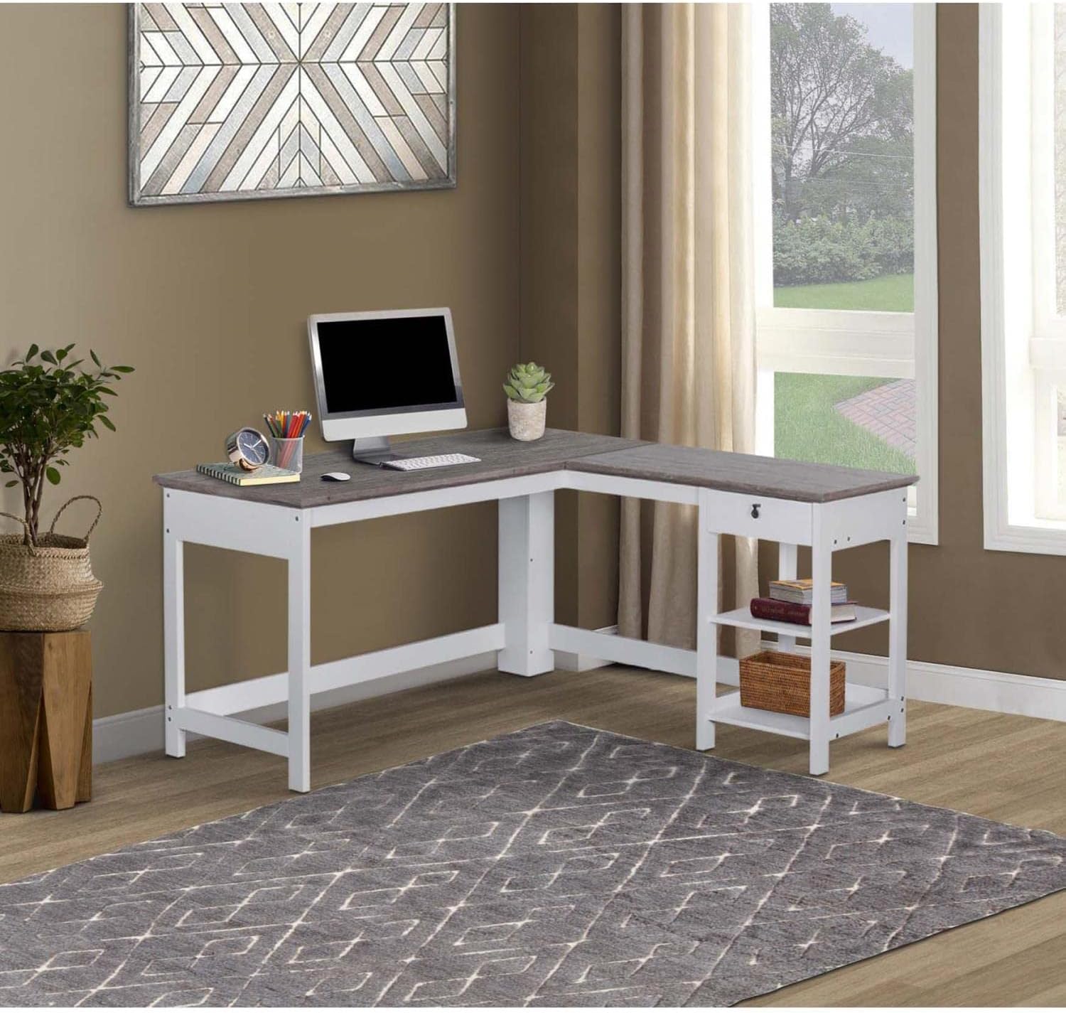 Finley L-Shaped Modern Wood Writing Desk in White/Driftwood