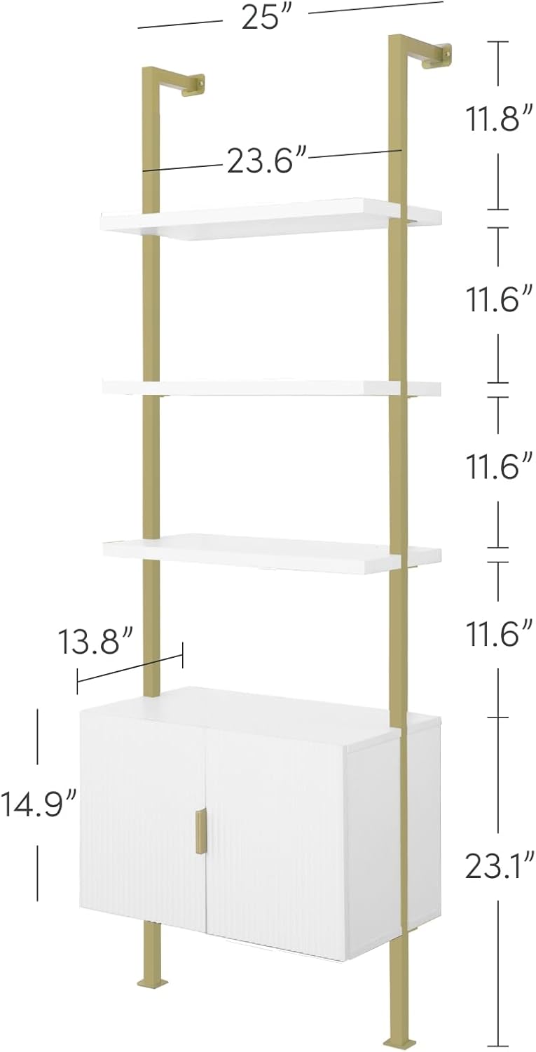 Nathan James Theo Mid-Century Modern Bookcase with Cabinet Fluted Texture, White Open Shelves and Brass Metal Frame Living Room, Home Office Storage, Set of 2