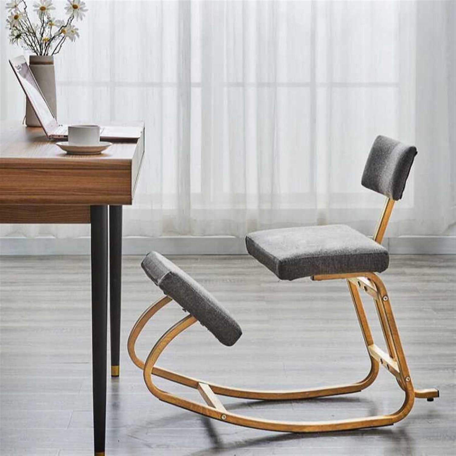 Ergonomic Wood Kneeling Chair with Thick Cushion for Posture Correction - Rocking Desk Seat for Back and Shoulder Alignment