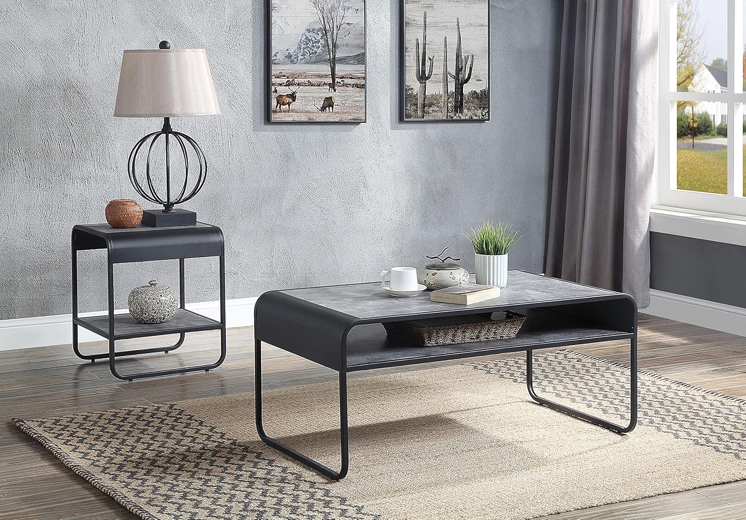 Acme Furniture Rectangular Coffee Table with Open Shelf, Concrete Gray and Black