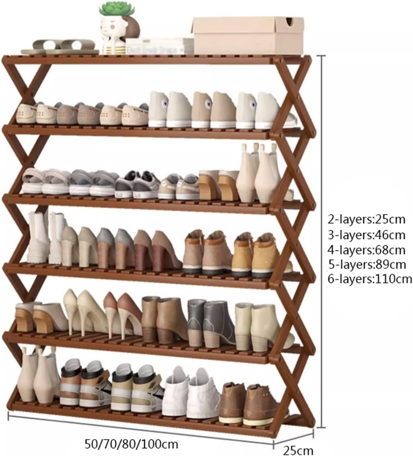 Shoe Cabinet Foldable, Narrow Bamboo Shoe Organizer with X-shape Cross Structure, Free Standing Shoe Storage Shelf for Hallway Entryway Bedroom for Front Door Entrance