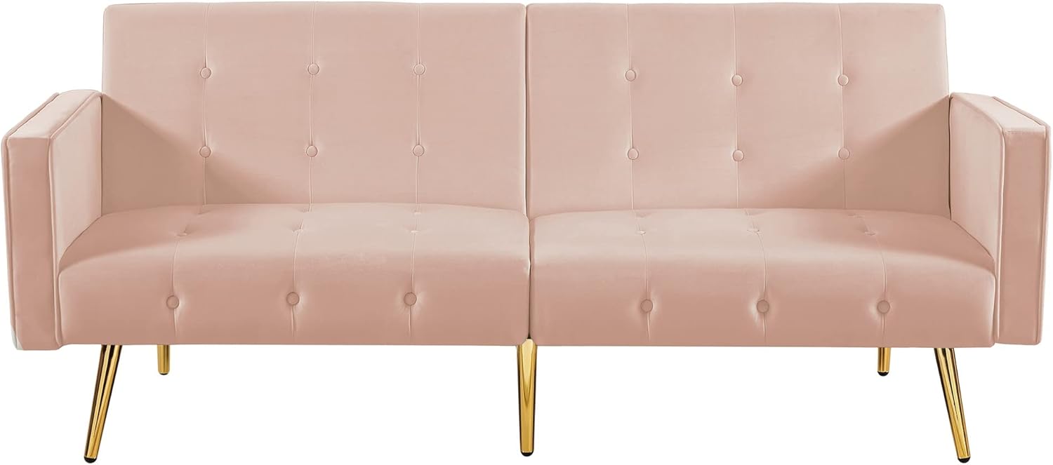 Velvet Button Tufted Sofa Bed with armrest Pink Suitable for Living Room, Bedroom and Office