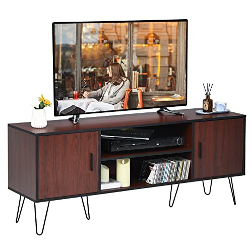 Tangkula Retro TV Stand with 6 Metal Legs, Modern Entertainment Center for TVs up to 65 Inch, TV Console Table w/ 2 Cable Holes, Adjustable Shelf, Media Storage Cabinet for Living Room, 59 Inch