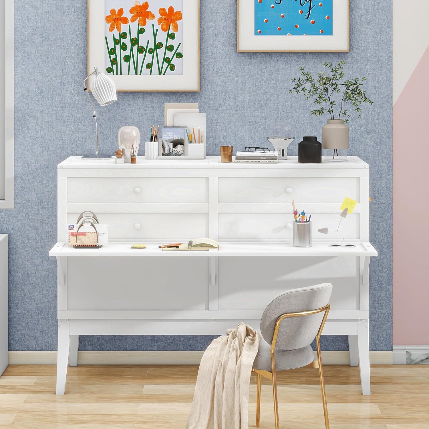 Queen Size Murphy Cabinet Bed, Wood Foldable Murphy Cube Cabinet Bed Chest with Built-in Charging Station and a Shelf for Small Spaces, White