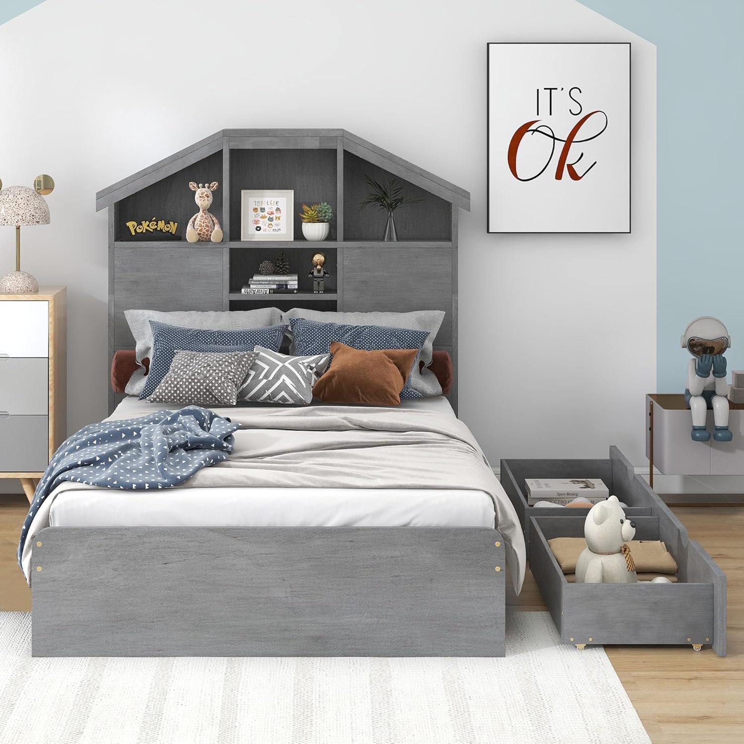 Twin Size Wood Platform Bed with House-Shaped Storage Headboard and 2 Drawers, Upholstered Wood Bed Frame Sturdy Slat Support Noise Free and No Box Spring Needed, Gray