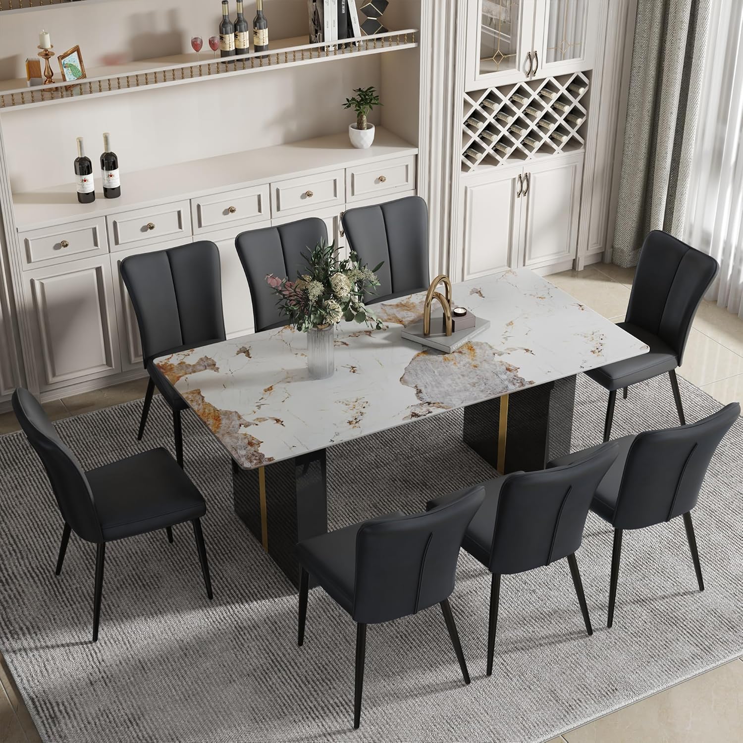 71'' Dining Table Set for 8，Faux Marble Dining Table Set for 8,Modern Dining Table with 8 PU Leather Chairs Suitable for Kitchen Dining Room