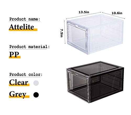Attelite Drop Front Plastic Shoe Box with Clear Door,Set of 6,Stackable,For Display Sneakers,Easy Assembly,Fit up to US Size 12(13.4”x 10.6”x 7.4”)