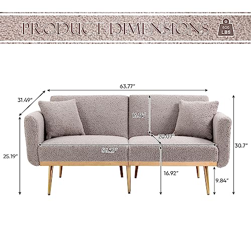 Convertible Futon Sofa Bed, Upholstered Loveseat Sleeper Couch with 3 Reclining Angles and 2 Pillows, Modern Living Room Sofa Couch with 5 Solid Metal Legs for Guest Room, Office, Brush Pink Teddy