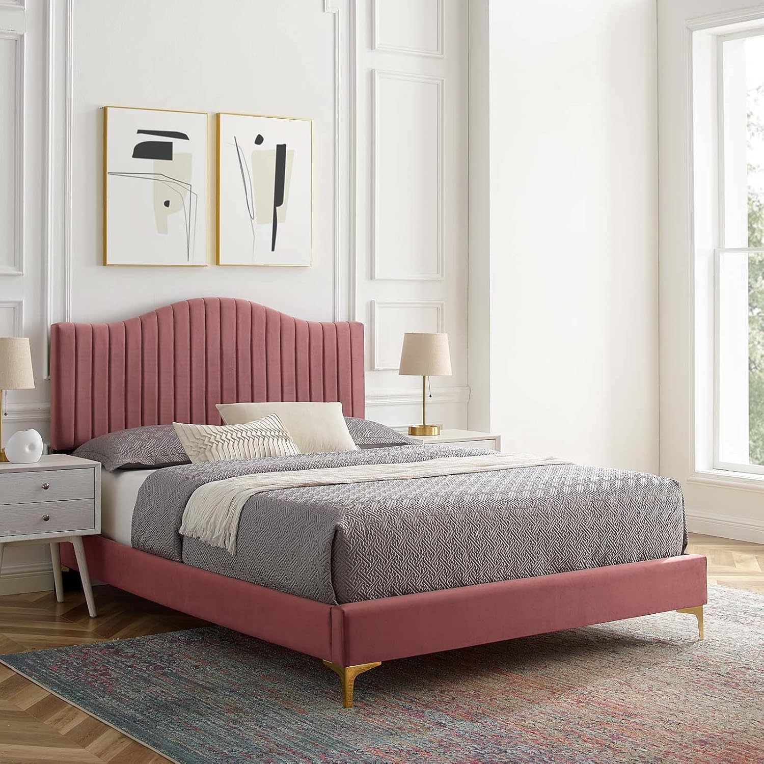 Tufted Platform Bed Frame, King Size, Velvet, Pink, Modern Contemporary, Bedroom Master Guest Suite