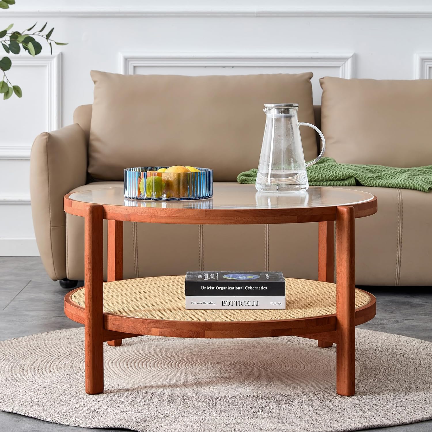 Modern minimalist circular double-layer solid wood coffee table, craft glass tabletop, second layer material: PE rattan, solid wood frame. 34.6 '* 34.6' * 17.7''
