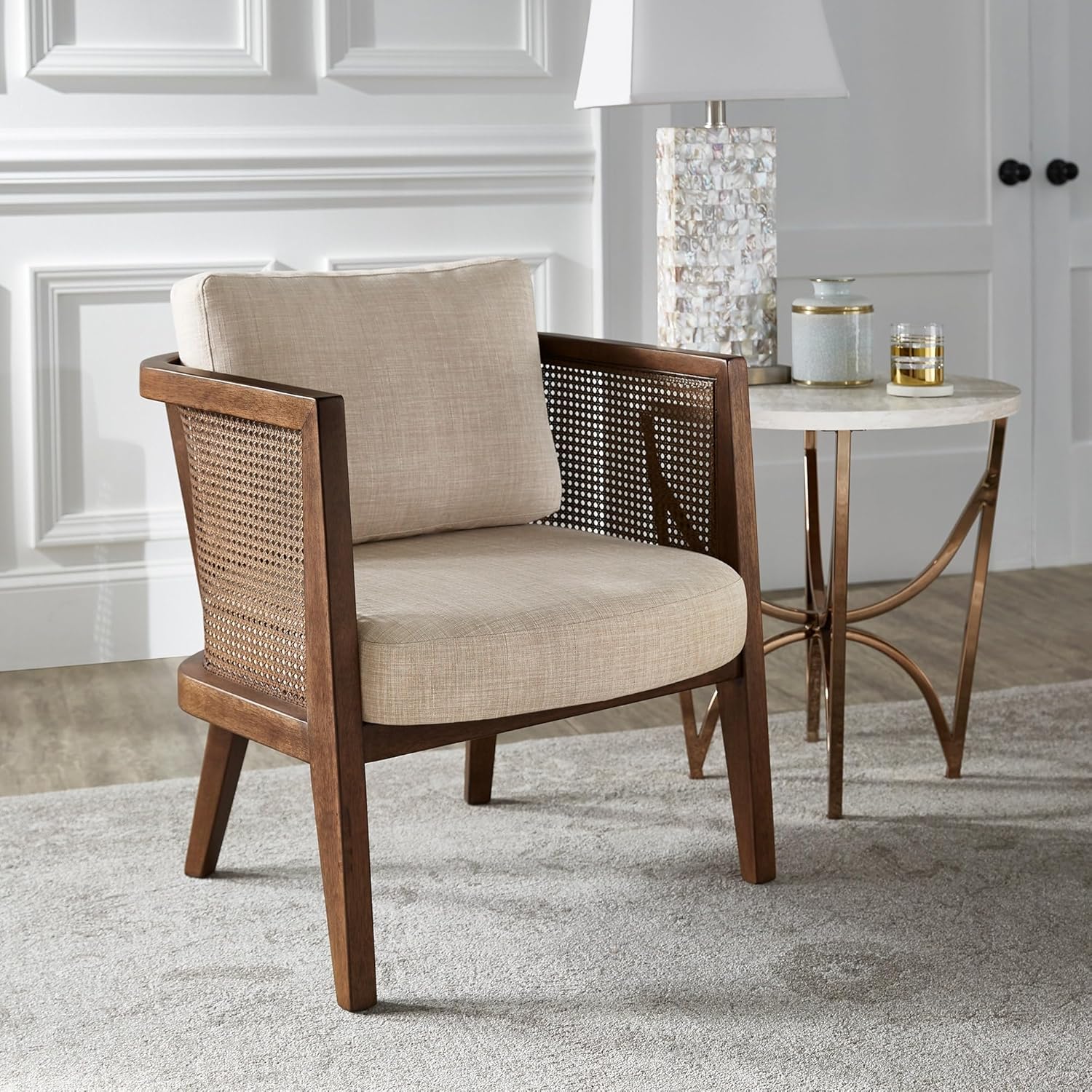 Inspire Q Celann Walnut Finish Fabric Cane Accent Chair by Modern Grey