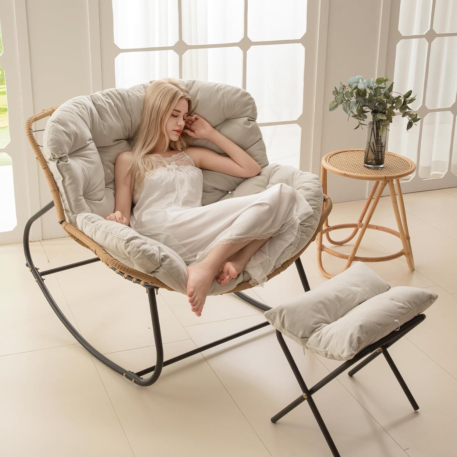 HIGOGOGO Patio Papasan Rocking Chair Set with Cushion and Ottoman - Indoor Outdoor Egg Chairs, Comfortable Rattan Wicker Chair Giant Leisure Lounge for Living Room, Bedroom Porch, Garden - Beige