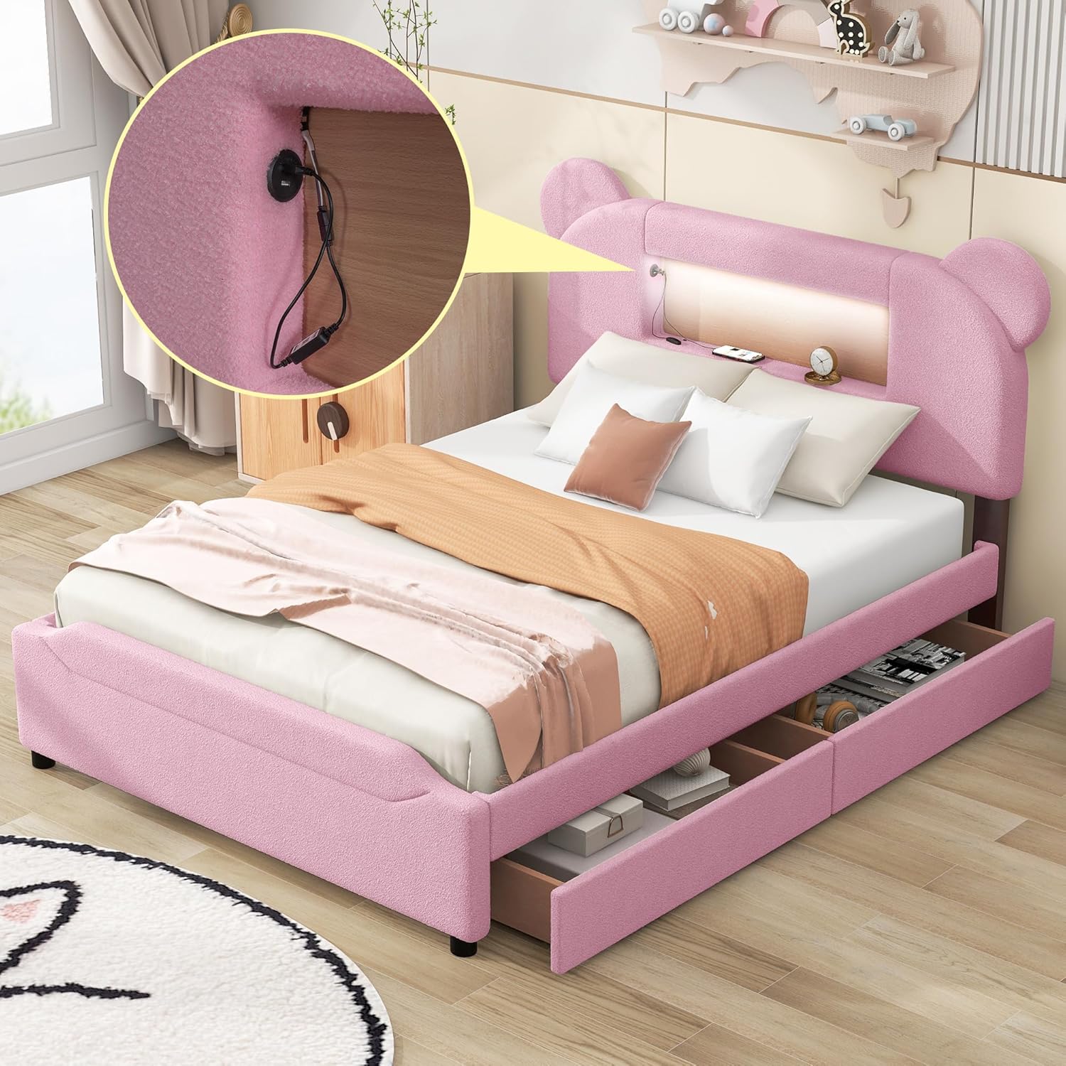 Full Bed Frame with LED Light Headboard and Storage Drawers, Fleece Upholstered Platform Bed with Bear Shaped Headboard and USB Charging Port, No Box Spring Needed, Pink