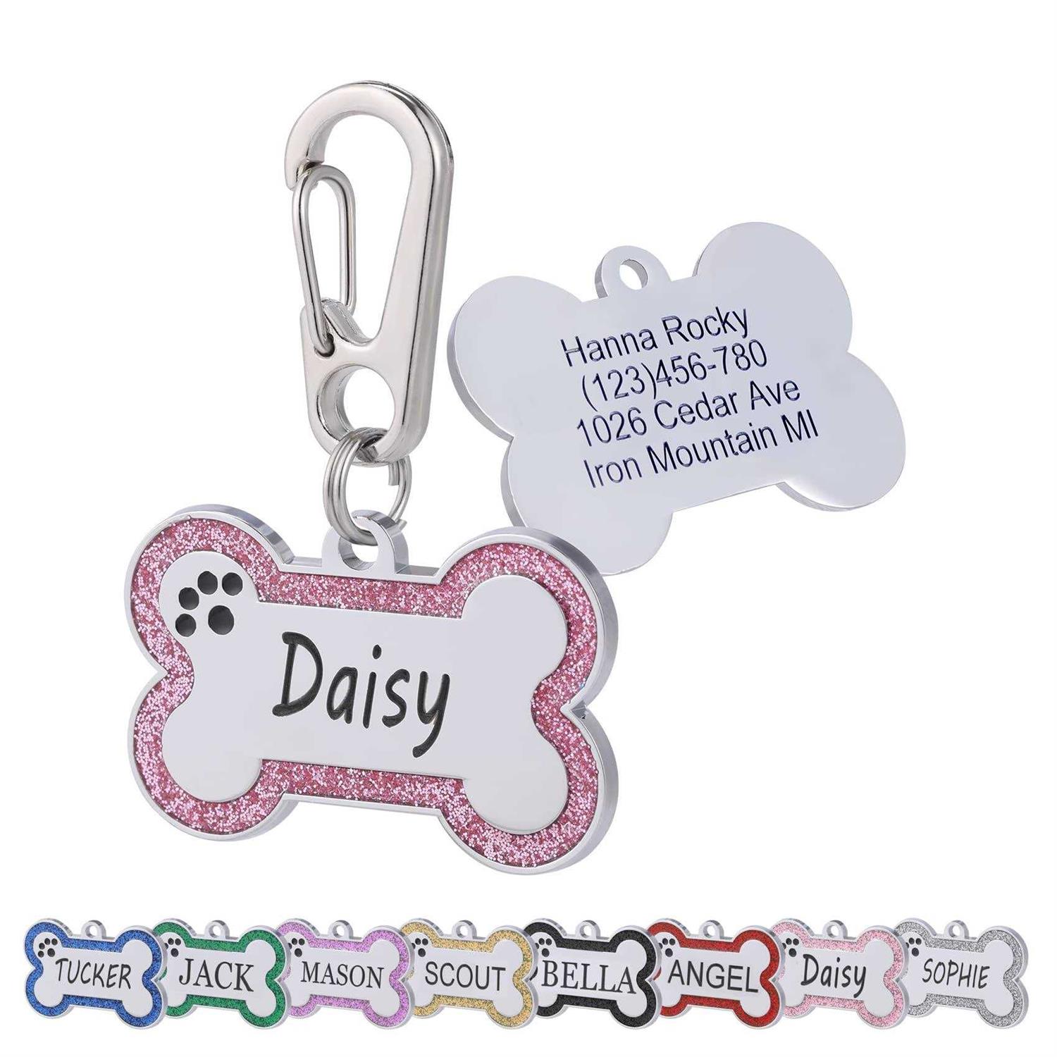 Aimeng Personalized Stainless Steel Pet ID Tags with Glittery Bone Design - Pet Supplies online store