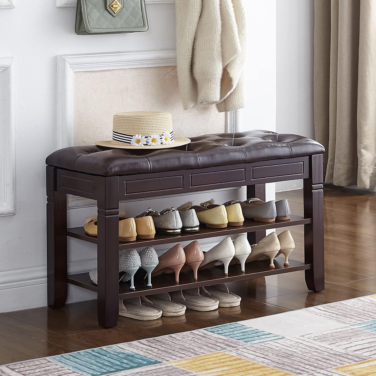 Shoe Storage Bench with Cushion, Entry Bench with Storage Solid Wood Shoe Bench Ideal for Entryway Living Room and Corridor (Brown, 31.5'')