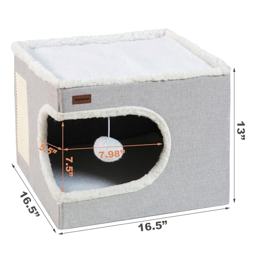 Cat Bed for Indoor Cats Cube House, Covered Cat Cave Beds & Furniture with Scratch Pad and Hideaway Tent, Cute Modern Cat Condo for Multi Small Pet Large Kitten Kitty, Large, Grey