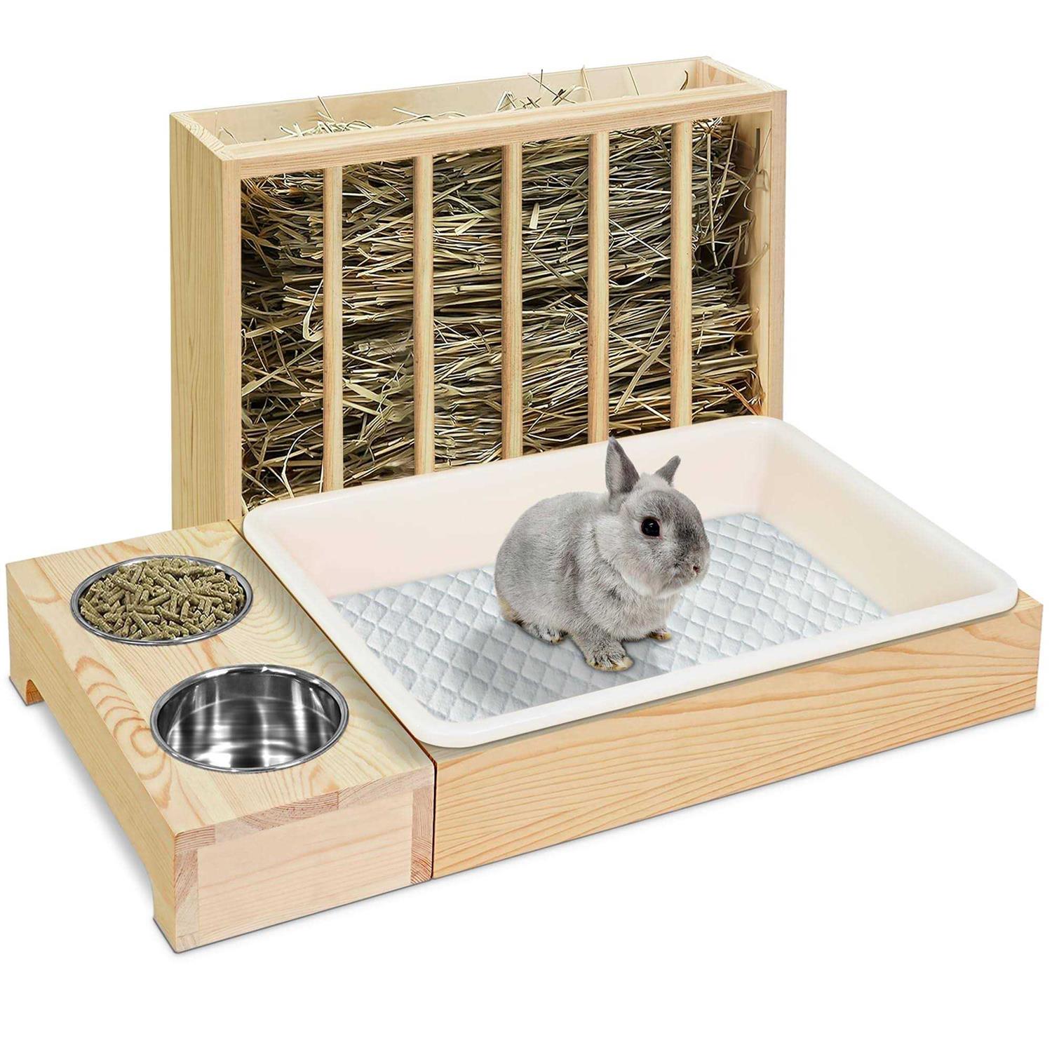 3 in 1 Rabbit Hay Feeder with Litter Box Wooden Bunny Hay Feeder Guinea Pig Hay Holder with Toilet Small Animal Hay Holder Rack Manger - Pet Supplies online store