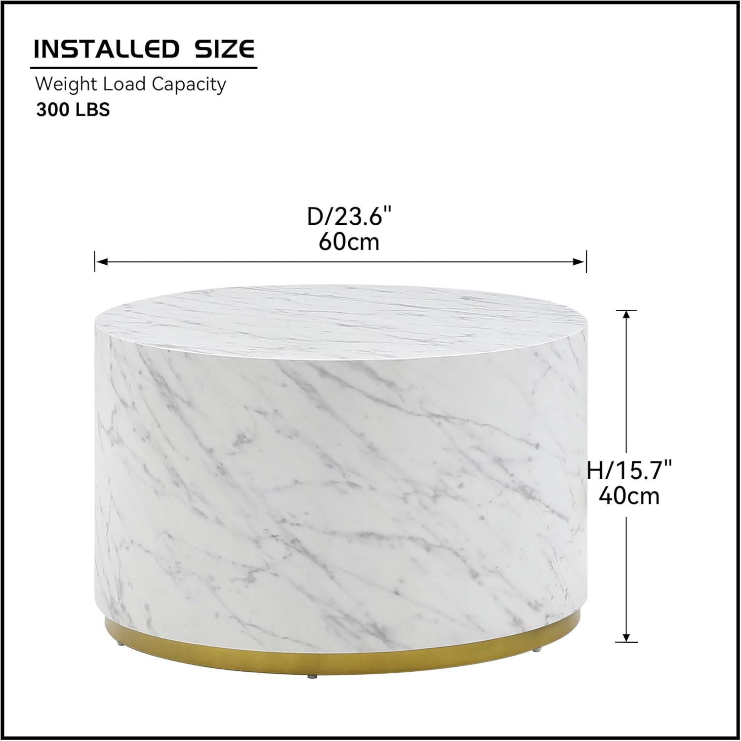 Modern White Faux Marble Coffee Table for Living Room Drum-Shape Round Coffee Table Cocktail Table Tea Table with Gold Metal Base, Fully Assembled (White, 23.6'')