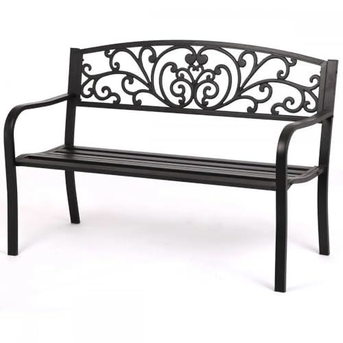 50-Inch Metal Garden Bench with Floral Pattern Backrest and Outdoor Furniture for Patio, Porch, Yard - Waterproof and Durable
