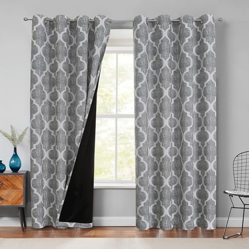 Beauoop 100% Blackout Curtains 96 Inches Long 2 Panels for Bedroom Living Room Blue Grey Moroccan Geo Room Darkening Thermal Insulated Soundproof Grommet Top Window Treatments Drapes, 50x96 Set of 2