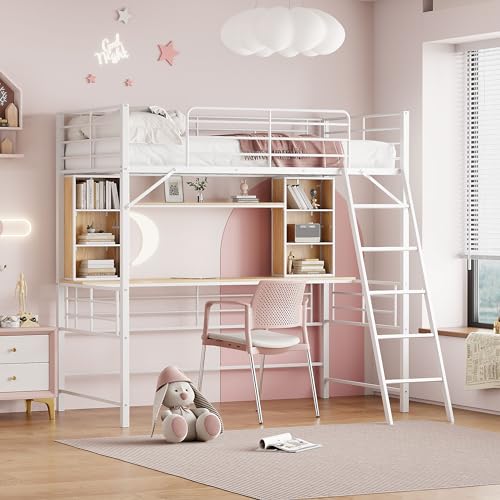 Harper & Bright Designs Twin Size Loft Bed with Desk and Storage Shelves, Metal Loft Bed Frame with Safety Guard & Ladder, No Noise, No Box Spring Needed, Black