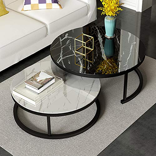 Set of 2 Stackable Coffee Tables for Living Room, Round Elegant Nest Side Tables, Stacking Marble Texture & Metal Coffee Nesting End Tables