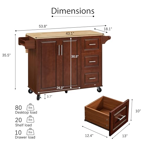 Kitchen Island with Drop Leaf Countertop, Rolling Kitchen Island Cart, Barn Door Kitchen Island Table with Storage Cabinet and Tower Rack, Small Kitchen Island (Retro Brown)