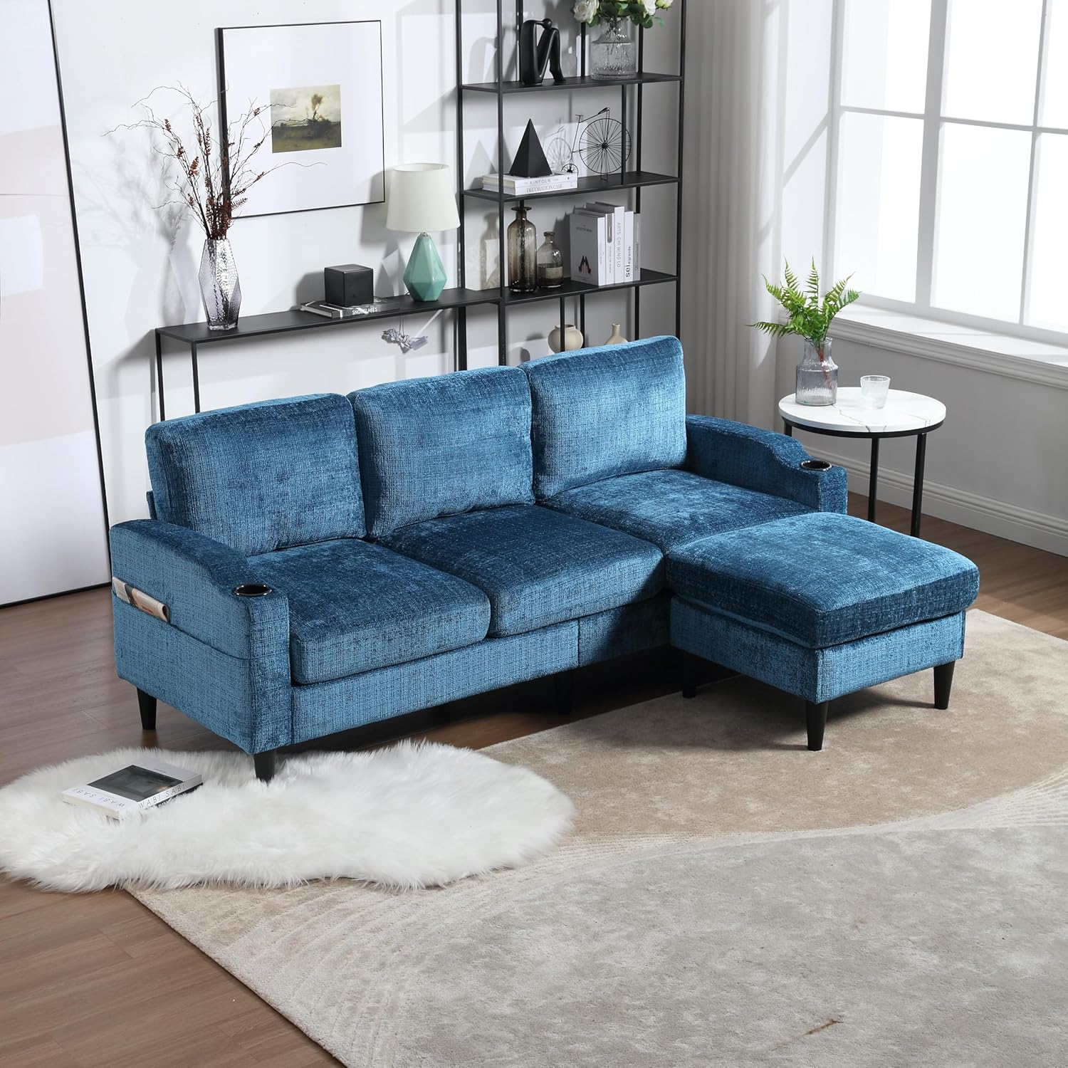 Sectional Sofa with Cup Holders & Side Pockets, 3 Seat L-Shaped Couch with Modular Storage Ottoman, for Small Apartments, Living Room, Office, Teal