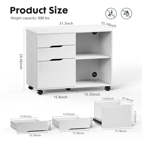 3 Drawer Wood Lateral File Cabinet with Wheels Open Storage Shelves Mobile Versatile Filing Organization Storage Cabinets for Office Home Kids Bedroom Assembly Required Printer Stand White