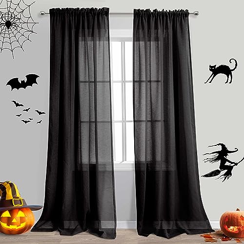 KOUFALL Dark Grey Sheer Curtains 84 Inches Long,Linen Look Rod Pocket Window Curtains for Living Room Bedroom,2 Panels Set,Charcoal Gray