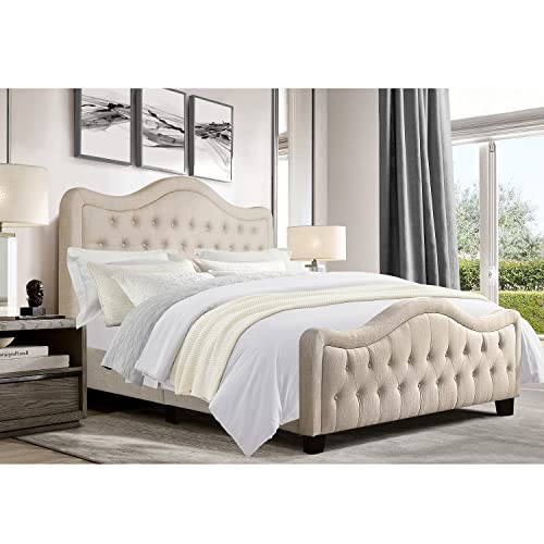 Rosevera Turin Linen Upholstered Panel Bed with Ajustable Button-Tufted Headboard for Bedroom, Queen, Pearl Beige
