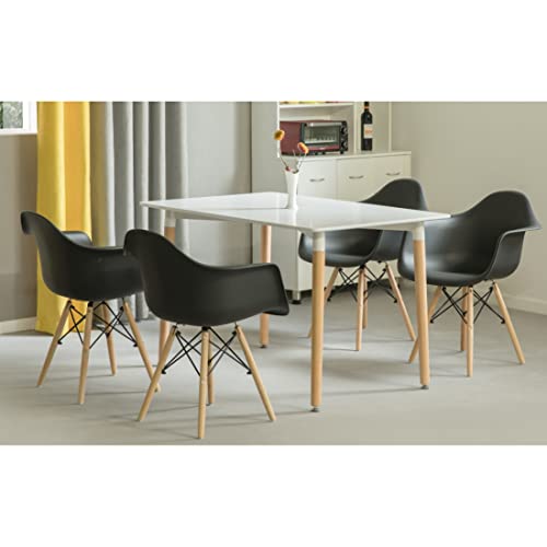 Mid-Century Modern Style Plastic DAW Shell Dining Arm Chair with Wooden Dowel Eiffel Legs, Set of 4 Black