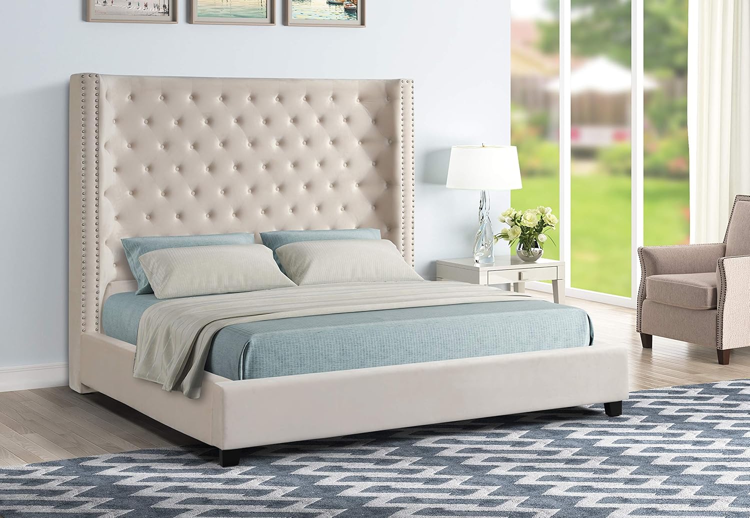 Best Master Furniture Jaclyn Velvet Upholstered Platform Bed with Deep Button Tufting, King, Beige