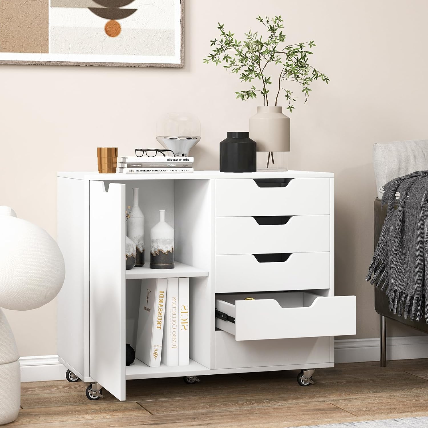 Giantex Lateral File Cabinet with Shelves - 5 Drawer Office Cabinet, Rolling Storage Organizer with 5 Casters, 5-Position Adjustable Shelf, Mobile Filing Cabinet, Printer Stand with Storage, White