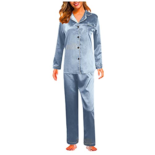 Women's Pajama Sets Silk Satin Pajamas Loungewear Two-piece Sleepwear Button-Down Long Sleeve Pajamas with Pockets