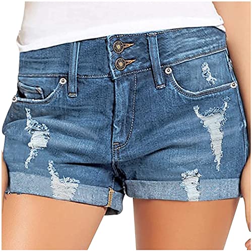 Womens High Waisted Stretchy Denim Shorts Casual Summer Frayed Raw Hem Distressed Ripped Short Jeans