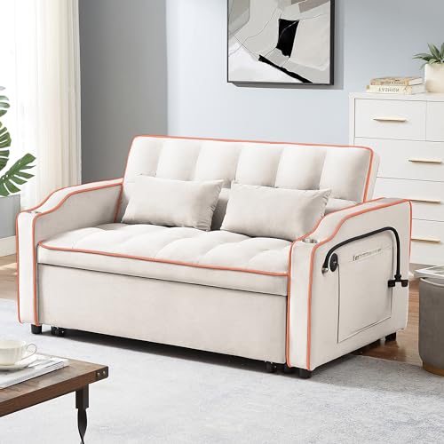 Convertible Pull-Out Sofa Bed,Comfy 2 Seater Loveseat Velvet Sleeper Sofa Couch with USB,3-in-1 Multi Functional Twin Sleeper Sofa with Phone stand, Cup Holder for Living Room Bedroom(Pink)