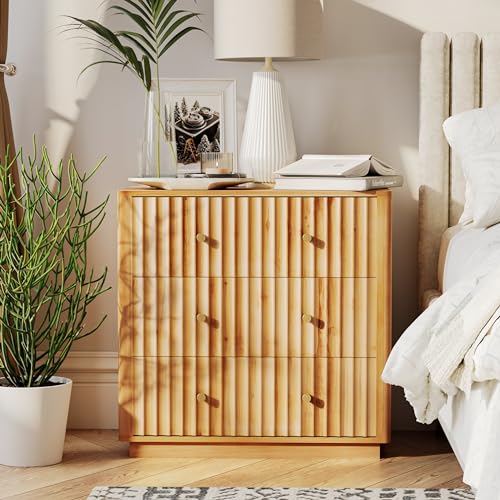 3-Drawer Farmhouse Dresser with Handcrafted 3D Vertical Wave Pattern, Wood Nightstand for Living Room, Bedroom, Fully-Assembled, Modern Rustic